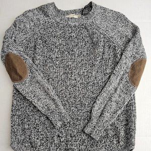 RD Style Grey Crew Neck Sweater Faux Leather Elbow Patch Pullover